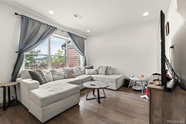 5744 Alton St, Denver, CO 80238 - living area with dark wood-style floors and recessed lighting
