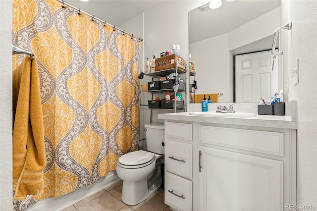 5744 Alton St, Denver, CO 80238 - bathroom featuring toilet, tile patterned floors, vanity, and curtained shower