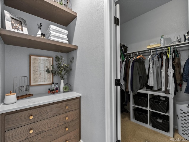 walk in closet with carpet floors