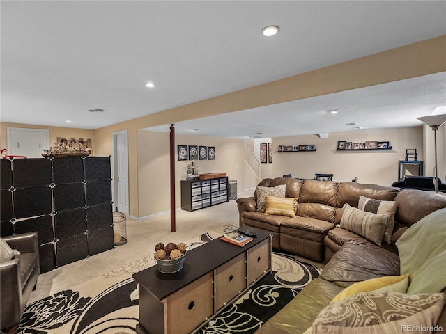 living room with light carpet, stairway, baseboards, and recessed lighting