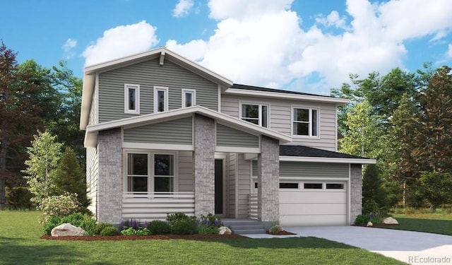 view of front of home featuring a front yard, driveway, and an attached garage