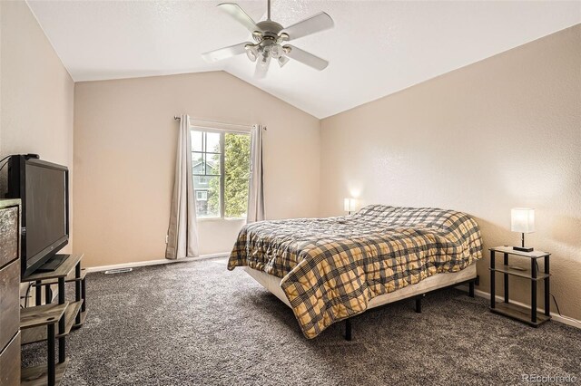 9882 Harris St, Thornton, CO 80229 - carpeted bedroom with vaulted ceiling and ceiling fan