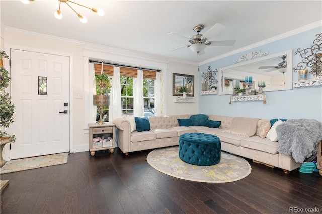 9620 W Chatfield Ave Unit D, Littleton, CO 80128 - living area featuring hardwood / wood-style floors, ceiling fan, crown molding, and a chandelier