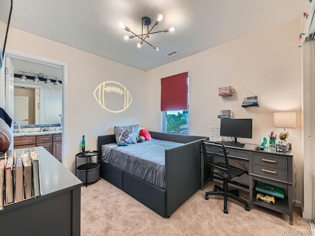 2896 Gemini Loop, Broomfield, CO 80023 - bedroom featuring light carpet, a chandelier, a desk, ensuite bath, and a sink