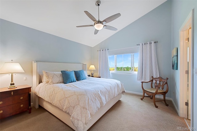 8040 W 78th Cir, Arvada, CO 80005 - bedroom with light colored carpet, baseboards, high vaulted ceiling, and ceiling fan