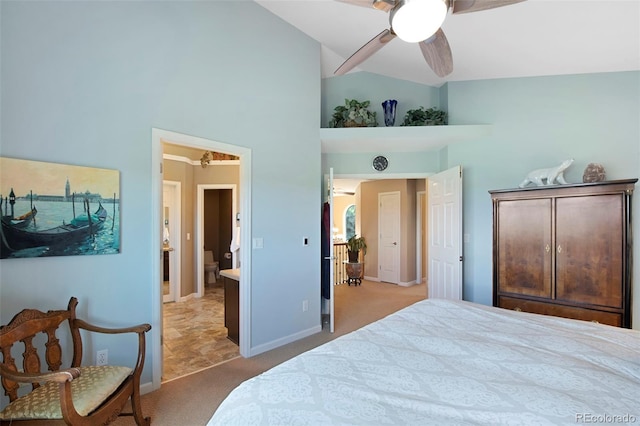 8040 W 78th Cir, Arvada, CO 80005 - bedroom featuring carpet floors, baseboards, a ceiling fan, and high vaulted ceiling