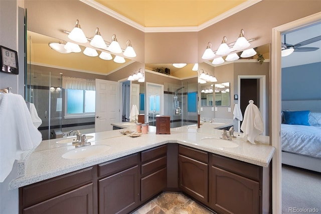 8040 W 78th Cir, Arvada, CO 80005 - ensuite bathroom featuring double vanity, a stall shower, ornamental molding, a chandelier, and a ceiling fan