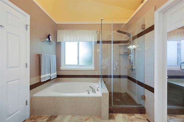 8040 W 78th Cir, Arvada, CO 80005 - full bath with a bath, a shower stall, and vaulted ceiling