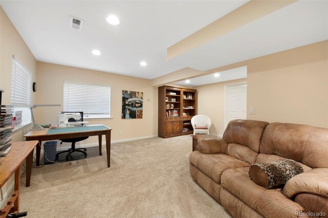 8040 W 78th Cir, Arvada, CO 80005 - living room with light colored carpet, a desk, recessed lighting, and baseboards