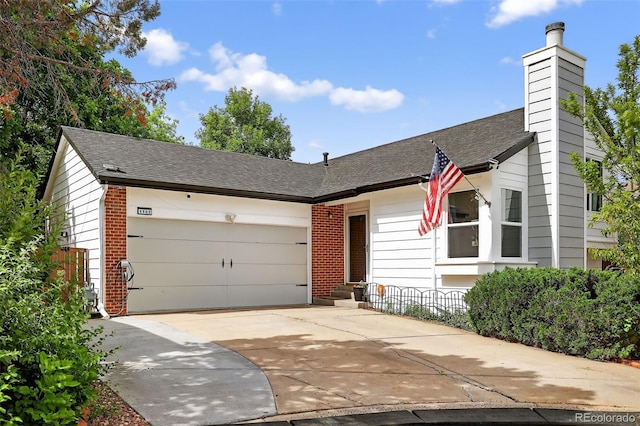 1102 Conifer Ct, Highlands Ranch, CO 80126 - single story home featuring a garage, concrete driveway, brick siding, a chimney, and roof with shingles