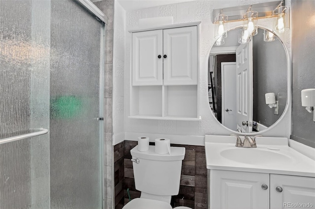 1102 Conifer Ct, Highlands Ranch, CO 80126 - bathroom with vanity, a shower stall, and a textured wall