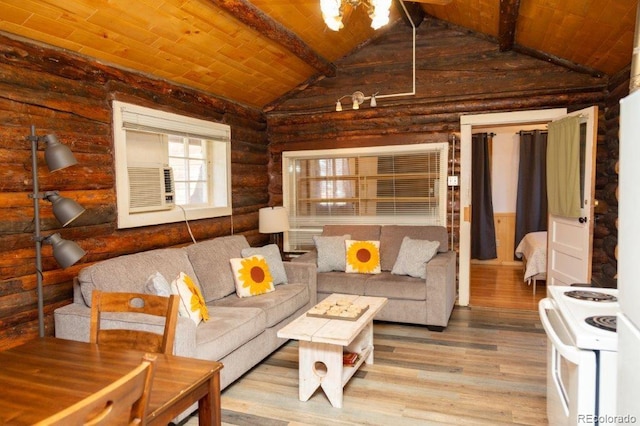 living room with wood ceiling, rustic walls, vaulted ceiling with beams, and light hardwood / wood-style floors