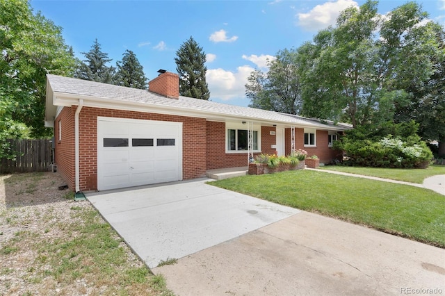 1304 S Lemay Ave, Fort Collins, CO 80524 - ranch-style home with an attached garage, brick siding, concrete driveway, and a chimney
