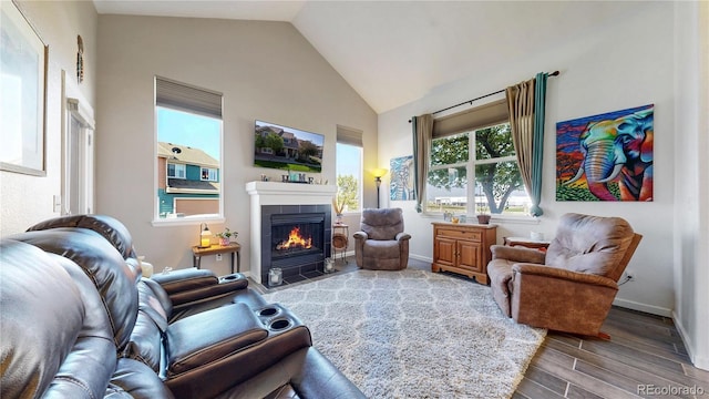 10449 Paris St Unit 207, Commerce City, CO 80640 - living area with wood finished floors, a tile fireplace, and vaulted ceiling