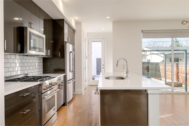 kitchen with high quality appliances, an island with sink, sink, decorative backsplash, and light hardwood / wood-style floors