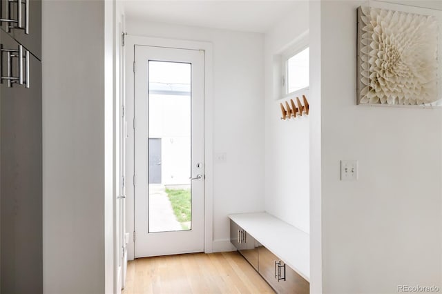 mudroom with light hardwood / wood-style floors