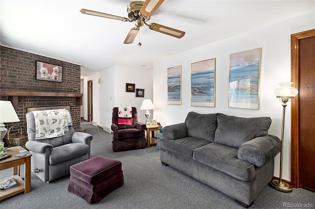 carpeted living area featuring a brick fireplace and a ceiling fan