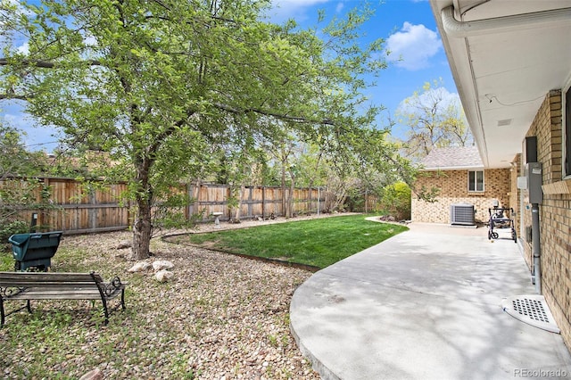 view of yard with central AC, a patio, and a fenced backyard