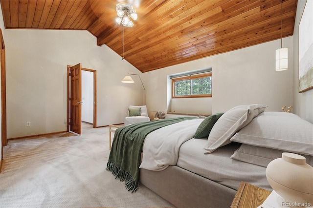 bedroom with wooden ceiling, carpet flooring, vaulted ceiling, and baseboards