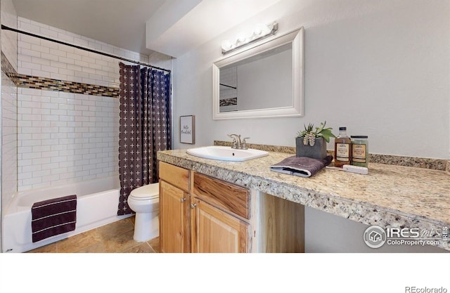 bathroom featuring tile patterned flooring, vanity, toilet, and shower / tub combo with curtain