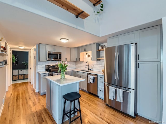 kitchen featuring open shelves, a sink, gray cabinetry, stainless steel appliances, and backsplash