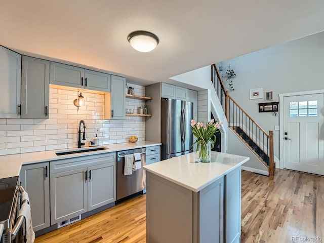 kitchen with a sink, visible vents, appliances with stainless steel finishes, and gray cabinetry