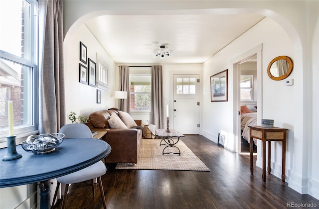 living room with dark wood-type flooring