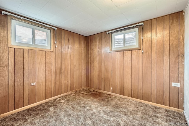 below grade area with carpet floors, wood walls, and baseboards