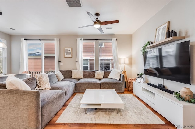 living room with ceiling fan, a healthy amount of sunlight, and light hardwood / wood-style floors