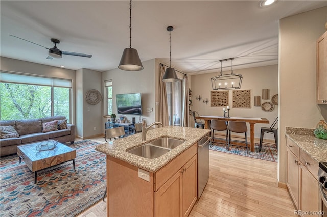 kitchen featuring light wood-style flooring, a sink, open floor plan, stainless steel appliances, and light stone countertops