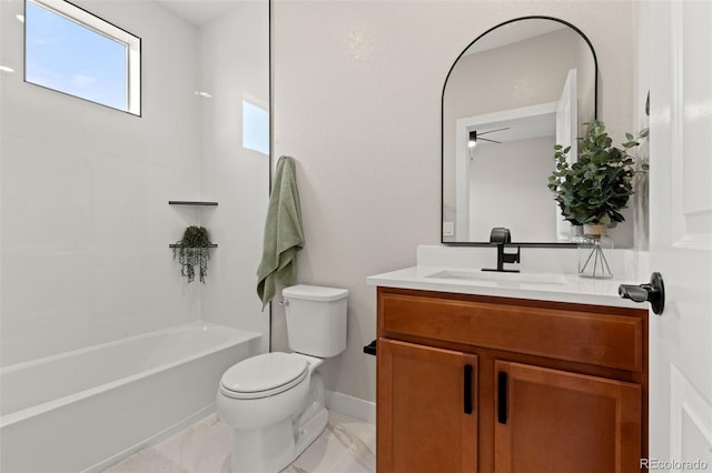 bathroom with baseboards, toilet, shower / bath combination, marble finish floor, and vanity