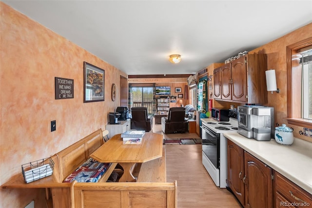 584 Old Squaw Rd, Como, CO 80432 - kitchen with electric stove, light countertops, light wood-style floors, and brown cabinets