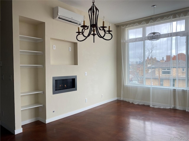 336 E 1st Ave Unit 310, Denver, CO 80203 - unfurnished dining area featuring a wall unit AC, built in shelves, baseboards, and a chandelier