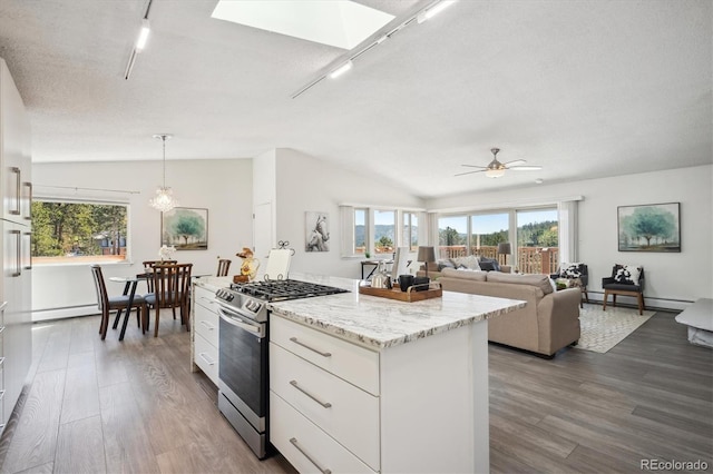 8045 S Wagon Wheel Rd, Morrison, CO 80465 - kitchen with stainless steel gas range, rail lighting, wood finished floors, white cabinetry, and lofted ceiling