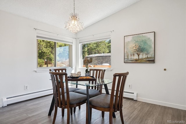 8045 S Wagon Wheel Rd, Morrison, CO 80465 - dining area featuring a chandelier, a baseboard radiator, wood finished floors, a textured ceiling, and lofted ceiling