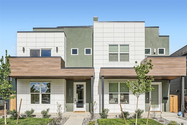 contemporary house with a porch and stucco siding