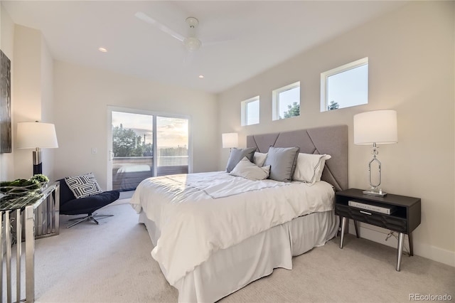 2466 S Cherokee St, Denver, CO 80223 - bedroom with access to outside, light colored carpet, a ceiling fan, and recessed lighting
