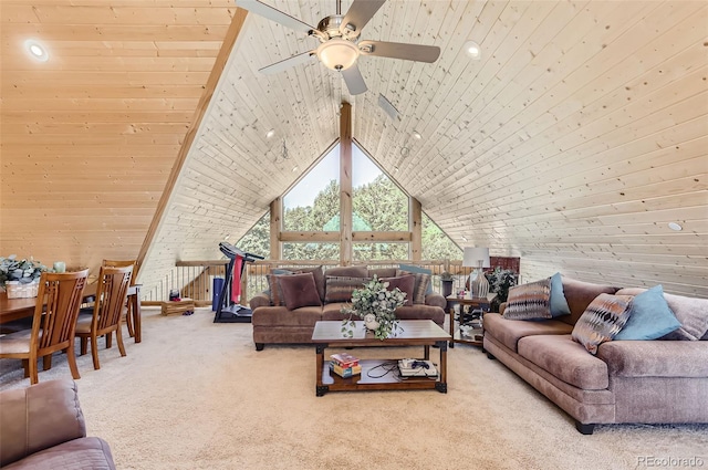 living room featuring lofted ceiling, wood walls, wood ceiling, and carpet flooring