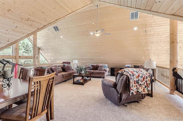 carpeted living room featuring wooden ceiling, high vaulted ceiling, and ceiling fan