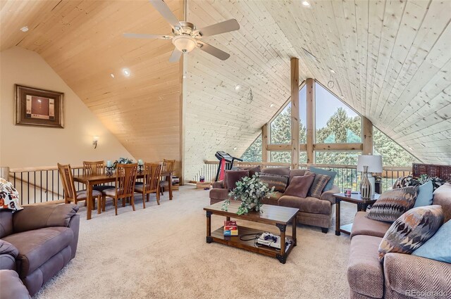 carpeted living room with high vaulted ceiling, ceiling fan, and wooden ceiling