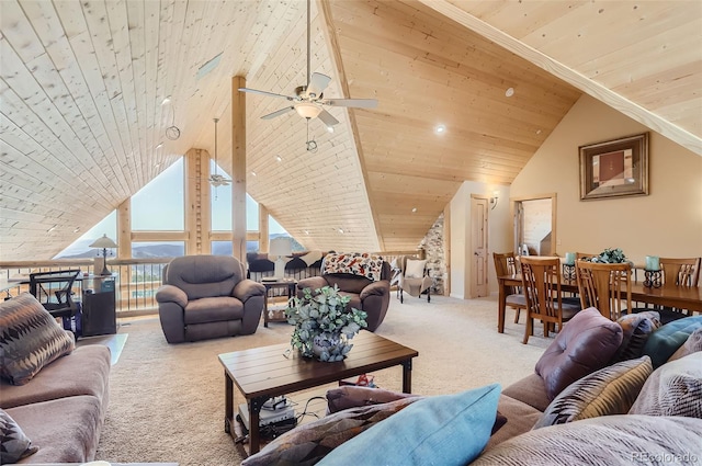 carpeted living room with wood ceiling, ceiling fan, and lofted ceiling