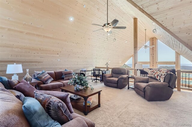 carpeted living room featuring wood ceiling, plenty of natural light, wood walls, and high vaulted ceiling