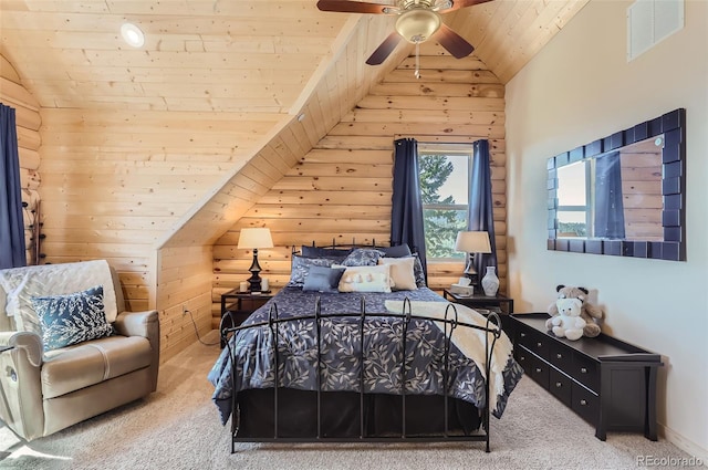 bedroom featuring carpet floors, lofted ceiling, wooden ceiling, and visible vents