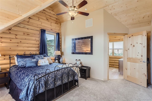 carpeted bedroom with wooden ceiling, visible vents, high vaulted ceiling, and log walls