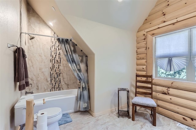 bathroom featuring toilet, tile patterned floors, vaulted ceiling, shower / tub combo, and log walls