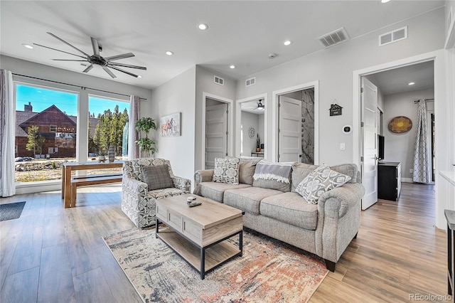 499 Silver Creek Rd, Idaho Springs, CO 80452 - living room featuring ceiling fan, light wood finished floors, and recessed lighting