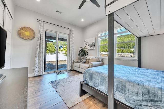 499 Silver Creek Rd, Idaho Springs, CO 80452 - bedroom featuring access to exterior, recessed lighting, wood finished floors, baseboards, and a ceiling fan