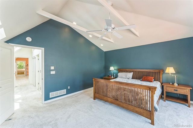 461 Fillmore St, Denver, CO 80206 - bedroom with vaulted ceiling, carpet floors, recessed lighting, ceiling fan, and a skylight