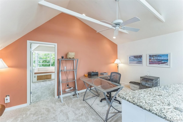 461 Fillmore St, Denver, CO 80206 - office area featuring vaulted ceiling, ceiling fan, and light colored carpet