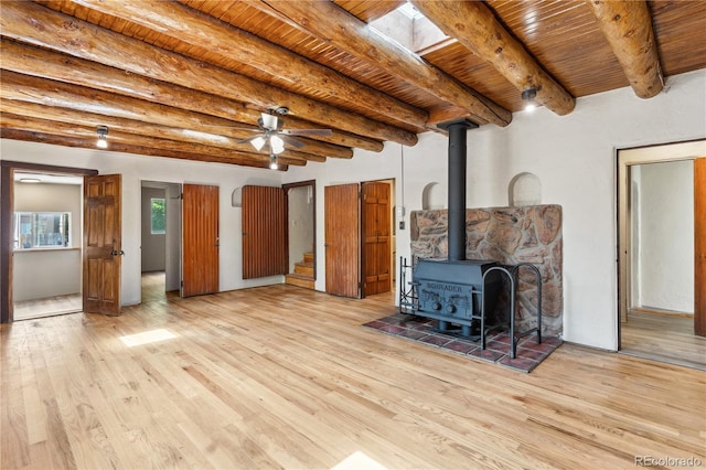 13 Crystal Park Rd, Manitou Springs, CO 80829 - living room featuring wood finished floors, a wood stove, a wood ceiling with exposed beams, and ceiling fan